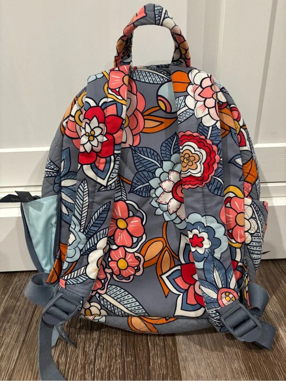 Vera Bradley Quilted Kids Backpack in Blue with Pink and Orange Floral Print